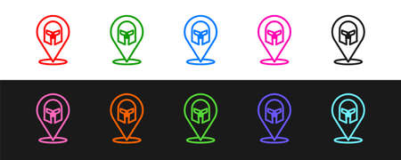 Set line Greek helmet icon isolated on black and white background. Antiques helmet for head protection soldiers with a crest of feathers or horsehair. Vectorのイラスト素材