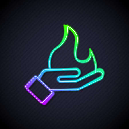 Glowing neon line Hand holding a fire icon isolated on black background. Vectorのイラスト素材