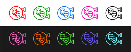 Set line Comedy and tragedy theatrical masks icon isolated on black and white background. Vectorのイラスト素材