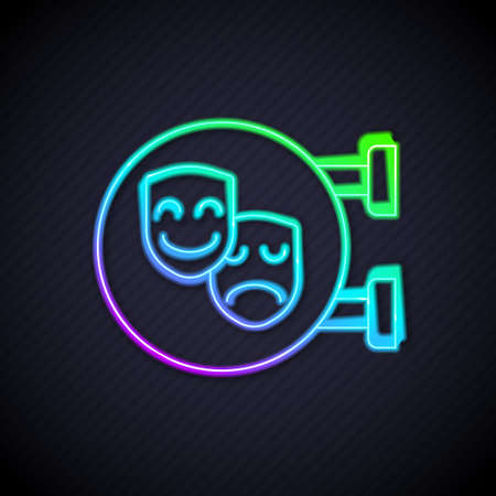 Glowing neon line Comedy and tragedy theatrical masks icon isolated on black background. Vectorのイラスト素材