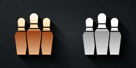 Gold and silver Bowling pin icon isolated on black background. Long shadow style. Vectorのイラスト素材