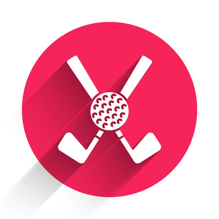 White Crossed golf club with ball icon isolated with long shadow. Red circle button. Vectorのイラスト素材