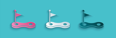 Paper cut Golf hole with flag icon isolated on blue background. Paper art style. Vector