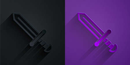 Paper cut Medieval sword icon isolated on black on purple background. Medieval weapon. Paper art style. Vectorのイラスト素材