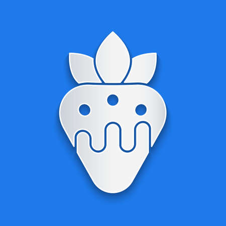 Paper cut Strawberry in chocolate icon isolated on blue background. Paper art style. Vectorのイラスト素材