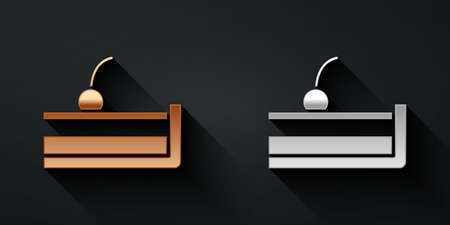 Gold and silver Cherry cheesecake slice with fruit topping icon isolated on black background. Long shadow style. Vectorのイラスト素材