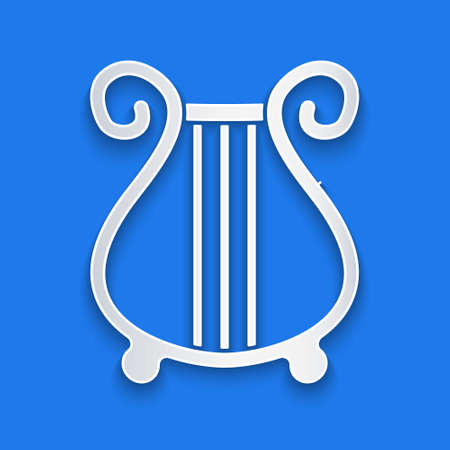 Paper cut Ancient Greek lyre icon isolated on blue background. Classical music instrument, orhestra string acoustic element. Paper art style. Vectorのイラスト素材