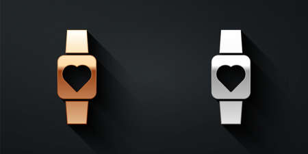 Gold and silver Smart watch showing heart beat rate icon isolated on black background. Fitness App concept. Long shadow style. Vectorのイラスト素材