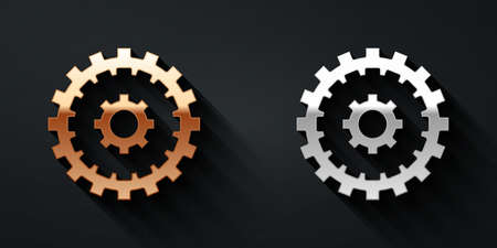 Gold and silver Bicycle cassette mountain bike icon isolated on black background. Rear Bicycle Sprocket. Chainring crankset with chain. Long shadow style. Vectorのイラスト素材