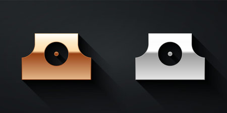 Gold and silver Spray can nozzle cap icon isolated on black background. Long shadow style. Vector
