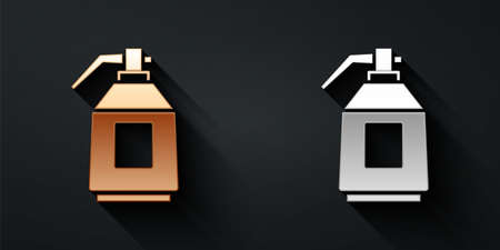 Gold and silver Paint spray gun icon isolated on black background. Long shadow style. Vectorのイラスト素材