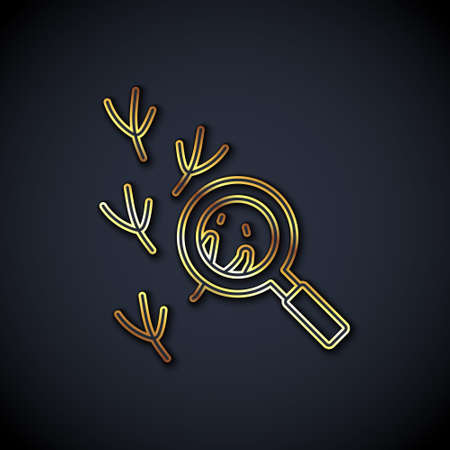 Gold line Bird footprint under magnifying glass icon isolated on black background. Animal foot. Vectorのイラスト素材