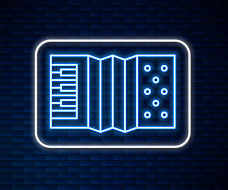 Glowing neon line Musical instrument accordion icon isolated on brick wall background. Classical bayan, harmonic. Vectorのイラスト素材