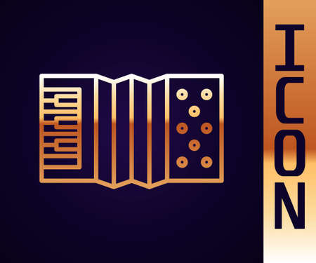 Gold line Musical instrument accordion icon isolated on black background. Classical bayan, harmonic. Vectorのイラスト素材