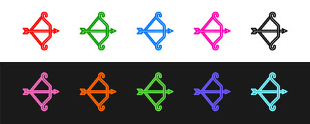 Set line Medieval bow with arrow icon isolated on black and white background. Medieval weapon. Vectorのイラスト素材