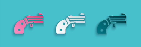Paper cut Small gun revolver icon isolated on blue background. Pocket pistol for self-defense....