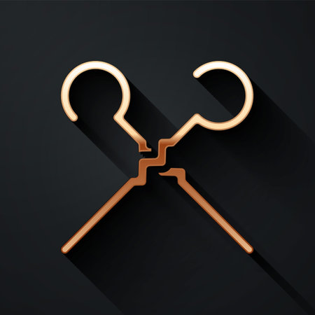 Gold BBQ skewers icon isolated on black background. Meat kebab on skewer stick. Picnic with grilled meat. Long shadow style. Vectorのイラスト素材
