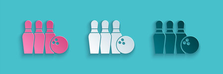 Paper cut Bowling pin and ball icon isolated on blue background. Sport equipment. Paper art style....