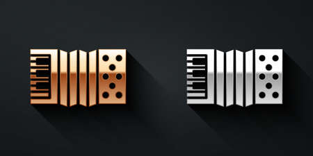 Gold and silver Musical instrument accordion icon isolated on black background. Classical bayan, harmonic. Long shadow style. Vectorのイラスト素材