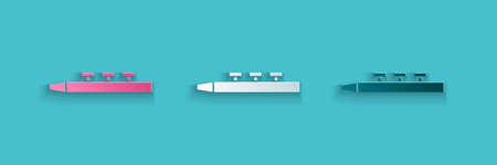 Paper cut Musical instrument drum and drum sticks icon isolated on blue background. Paper art style....