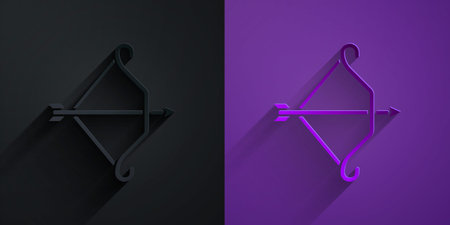 Paper cut Medieval bow with arrow icon isolated on black on purple background. Medieval weapon....