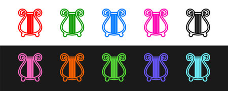 Set line Ancient Greek lyre icon isolated on black and white background. Classical music instrument,...