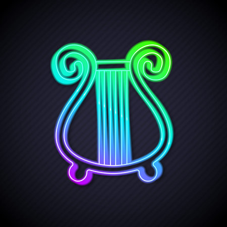 Glowing neon line Ancient Greek lyre icon isolated on black background. Classical music instrument,...