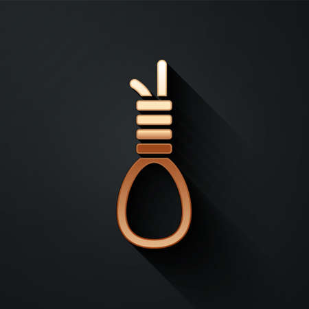 Gold Gallows rope loop hanging icon isolated on black background. Rope tied into noose.のイラスト素材