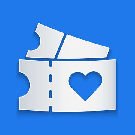 Paper cut Love ticket icon isolated on blue background. Valentines day sign. Couple relationships symbol. Paper art style. Vectorのイラスト素材