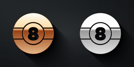 Gold and silver Billiard pool snooker ball with number 8 icon isolated on black background. Long...