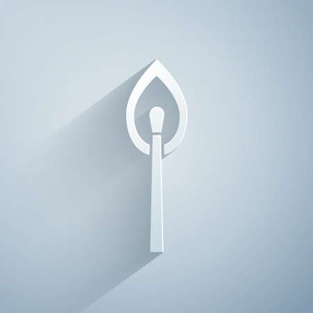 Paper cut Burning match with fire icon isolated on grey background. Match with fire. Matches sign. Paper art style. Vectorのイラスト素材