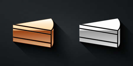 Gold and silver Piece of cake icon isolated on black background. Happy Birthday. Long shadow style. Vectorのイラスト素材