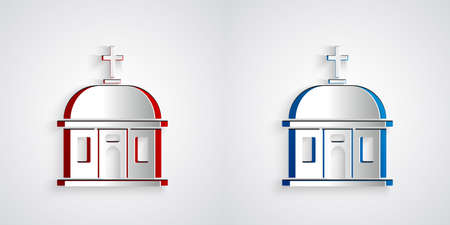 Paper cut Santorini building icon isolated on grey background. Traditional Greek white houses with blue roofs European culture. Paper art style. Vectorのイラスト素材