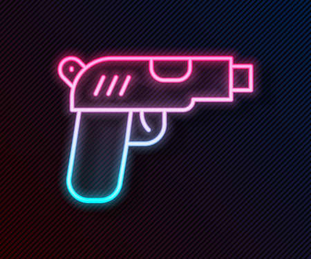 Glowing neon line Pistol or gun icon isolated on black background. Police or military handgun. Small firearm. Vectorのイラスト素材