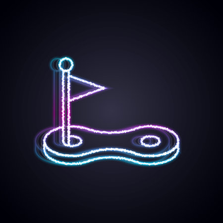 Glowing neon line Golf hole with flag icon isolated on black background. Vectorのイラスト素材