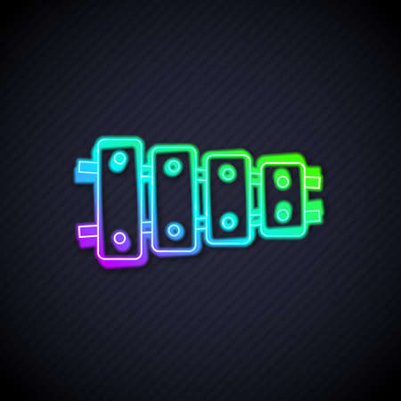 Glowing neon line Xylophone - musical instrument with thirteen wooden bars and two percussion mallets icon isolated on black background. Vectorのイラスト素材
