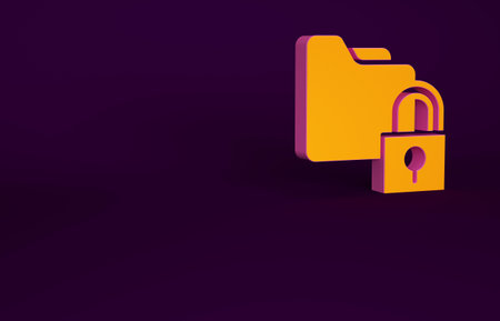 Orange Folder and lock icon isolated on purple background. Closed folder and padlock. Security, safety, protection concept. Minimalism concept. 3d illustration 3D renderの写真素材