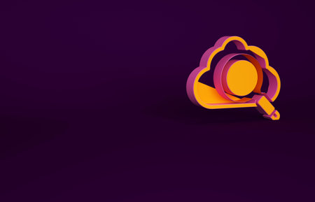 Orange Search cloud computing icon isolated on purple background. Magnifying glass and cloud. Minimalism concept. 3d illustration 3D renderの写真素材