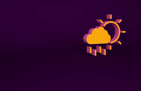 Orange Cloud with rain and sun icon isolated on purple background. Rain cloud precipitation with rain drops. Minimalism concept. 3d illustration 3D renderの写真素材