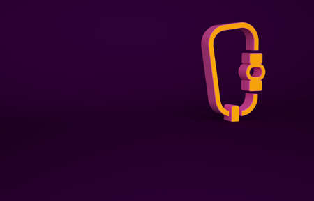 Orange Carabiner icon isolated on purple background. Extreme sport. Sport equipment. Minimalism concept. 3d illustration 3D renderの写真素材