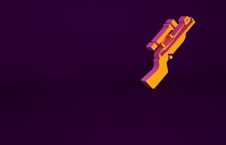 Orange Sniper rifle with scope icon isolated on purple background. Minimalism concept. 3d illustration 3D renderの写真素材