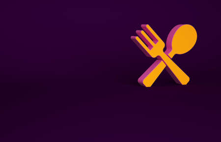 Orange Crossed fork and spoon icon isolated on purple background. Cooking utensil. Cutlery sign. Minimalism concept. 3d illustration 3D renderの写真素材