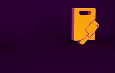 Orange Cutting board and meat chopper icon isolated on purple background. Butcher knife. Chopping...