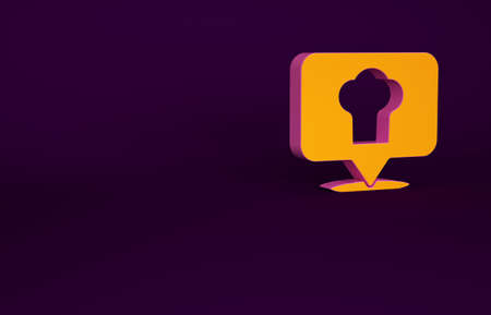 Orange Chef hat with location icon isolated on purple background. Cooking symbol. Cooks hat. Minimalism concept. 3d illustration 3D renderの写真素材