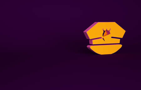 Orange Police cap with cockade icon isolated on purple background. Police hat sign. Minimalism concept. 3d illustration 3D renderの写真素材