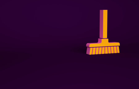 Orange Handle broom icon isolated on purple background. Cleaning service concept. Minimalism concept. 3d illustration 3D renderの写真素材