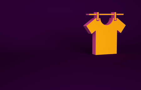 Orange Drying clothes icon isolated on purple background. Clean shirt. Wash clothes on a rope with clothespins. Clothing care and tidiness. Minimalism concept. 3d illustration 3D renderの写真素材