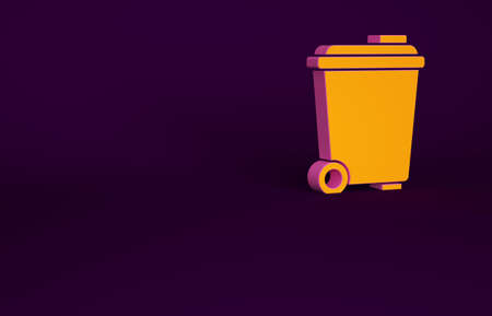 Orange Trash can icon isolated on purple background. Garbage bin sign. Recycle basket icon. Office trash icon. Minimalism concept. 3d illustration 3D renderの写真素材