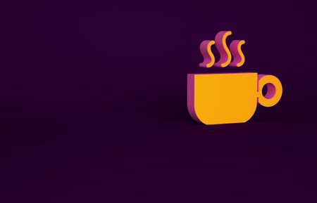 Orange Coffee cup icon isolated on purple background. Tea cup. Hot drink coffee. Minimalism concept....