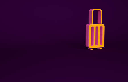 Orange Suitcase for travel icon isolated on purple background. Traveling baggage sign. Travel luggage icon. Minimalism concept. 3d illustration 3D renderの写真素材